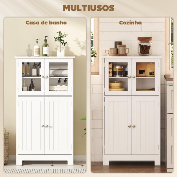 Armário Casa de Banho Móvel Auxiliar com Portas de Vidro Temperado e Prateleiras Ajustáveis 60x30x108,5cm Branco