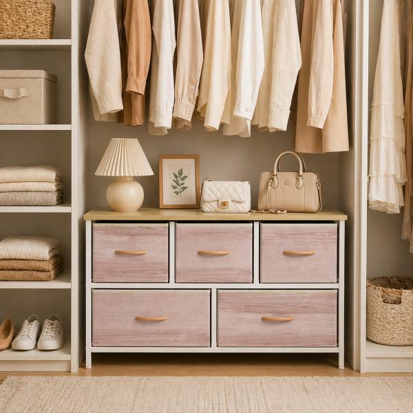 Cómoda com 5 Gavetas de Tecido Cómoda para Quarto Estrutura Metálica 100x30x51.5 cm Madeira e Branco