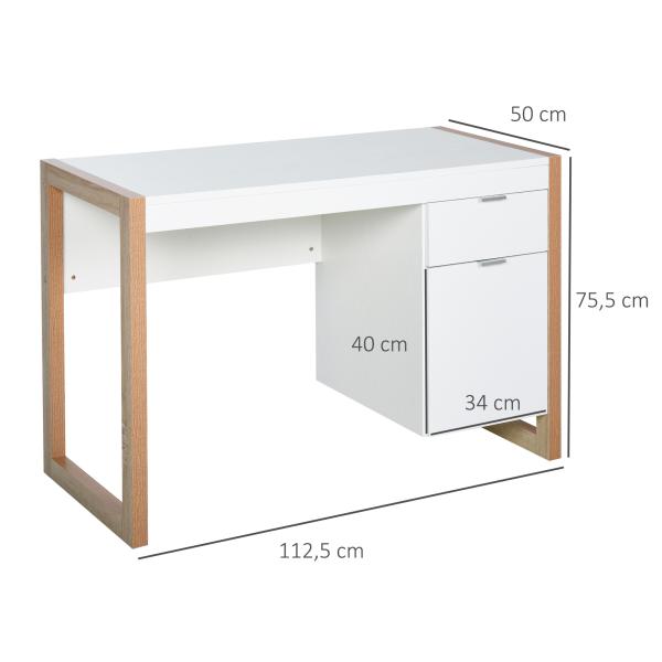 Mesa de Computador com Gaveta Armário Pés em Forma Retangular112,5x50x75,5 cm Branco e Madeira