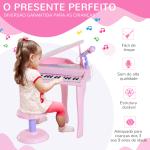 Piano para Crianças com 37 Teclas Microfone Banco Luzes 22 Músicas e Entrada para MP3 e USB 48x39x69 cm Rosa