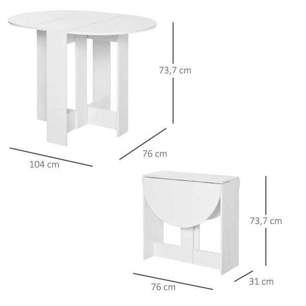 Mesa de Sala de Jantar Dobrável com 2 Laterais Mesa Auxiliar de Madeira para Cozinha Sala de Estar 104x76x73,7 cm Branca