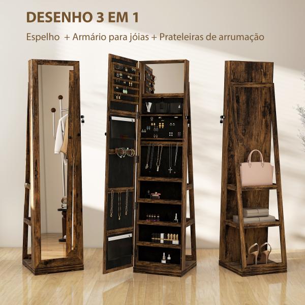 Joalheiro de Pé Armário para Jóias 360° com Fechadura e Espelho Incorporado Carga Máxima 20 kg 38x38x160 cm Marrom Rústico