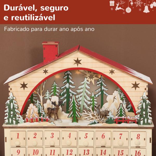 Calendário do Advento em Madeira com Luzes LED e 24 Gavetas Cena de Vila Decoração Natalícia 36x10x34 cm Madeira