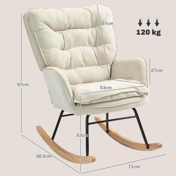 Poltrona Baloiço Estofada em Chenilla com Pés de Madeira de Faia e Apoio para os Braços para Lactância 71x98,5x97 cm Bege