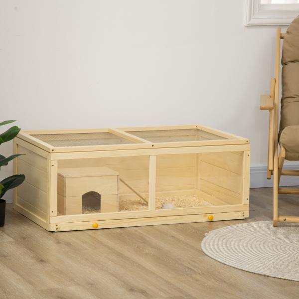 Gaiola para Hamster de Madeira Casa para Roedores com Tampa Abatível Painel de Acrílico Bandeja Amovível 100x58x38cm Madeira