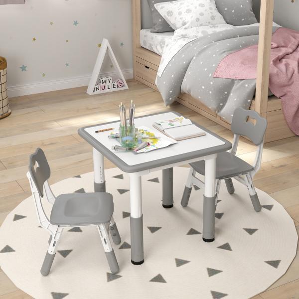 Mesa e Cadeiras para Crianças de 3 Peças com Altura Ajustável para Sala de Jogos Quarto Escola Infantil Branco e Cinza