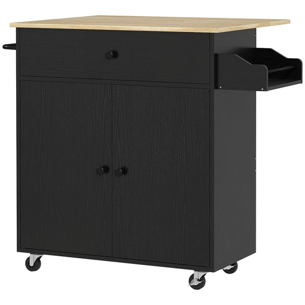 Ilha de Cozinha com Rodas com Lateral Dobrável Gaveta Suporte para Temperos e Prateleira Ajustável 106x42x87 cm Preto e Carvalho