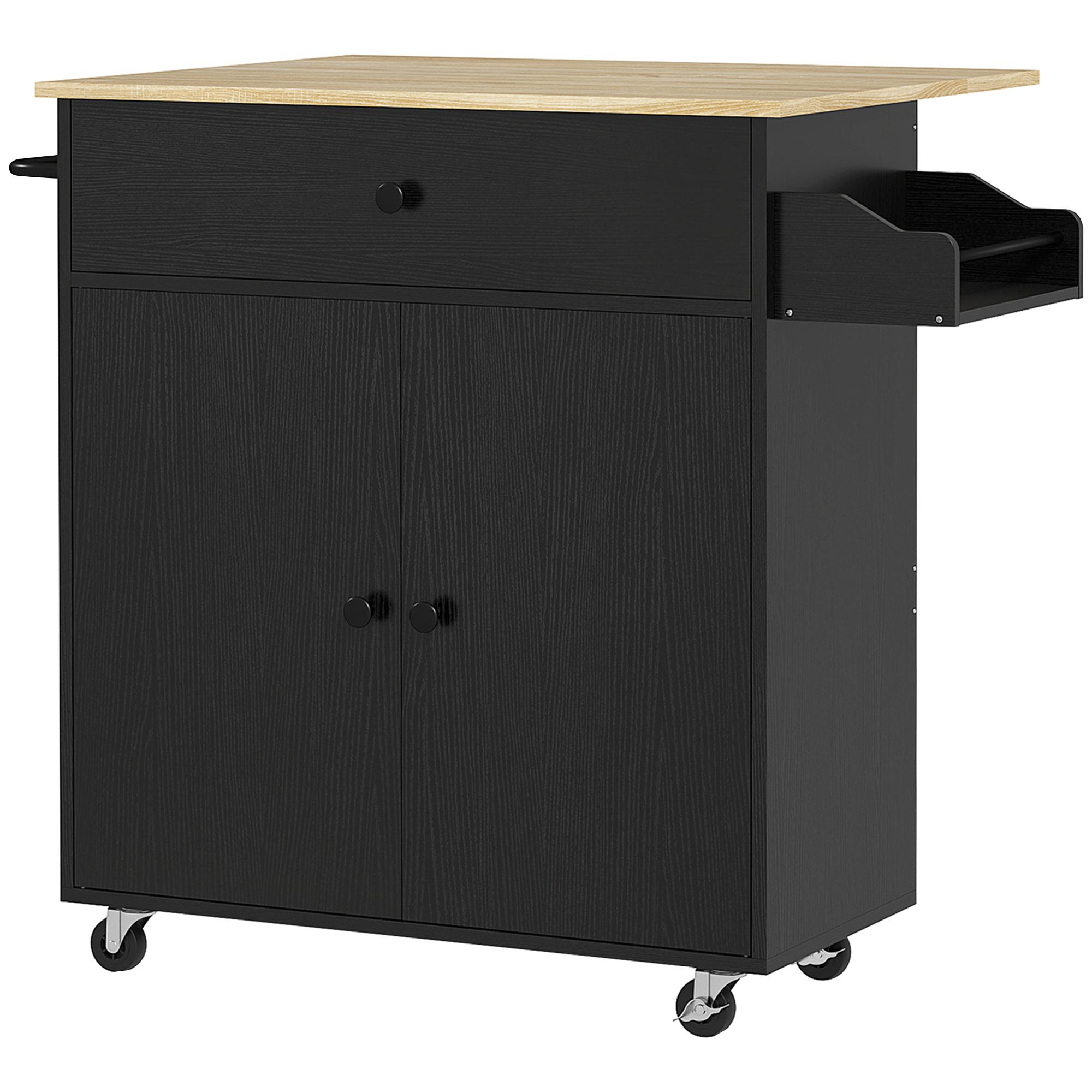 Ilha de Cozinha com Rodas com Lateral Dobrável Gaveta Suporte para Temperos e Prateleira Ajustável 106x42x87 cm Preto e Carvalho