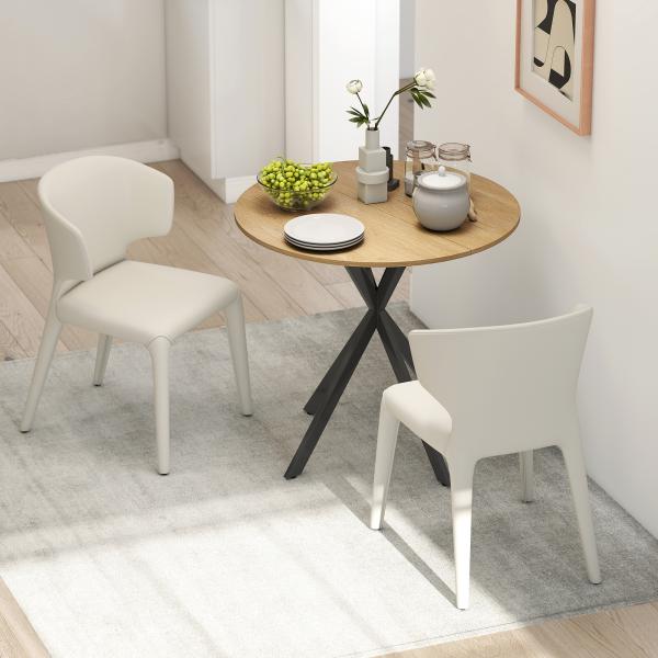 Mesa de Jantar Redonda para 2 - 4 Pessoas com Pernas Cruzadas em Aço Ø80x75 cm, Carvalho Branco