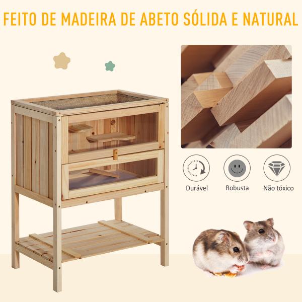 Gaiola de Madeira para Hamster com 5 Plataformas Rampa Dobrável Janela de Acrílico e Prateleira Inferior 60x40x80 cm Madeira Natural