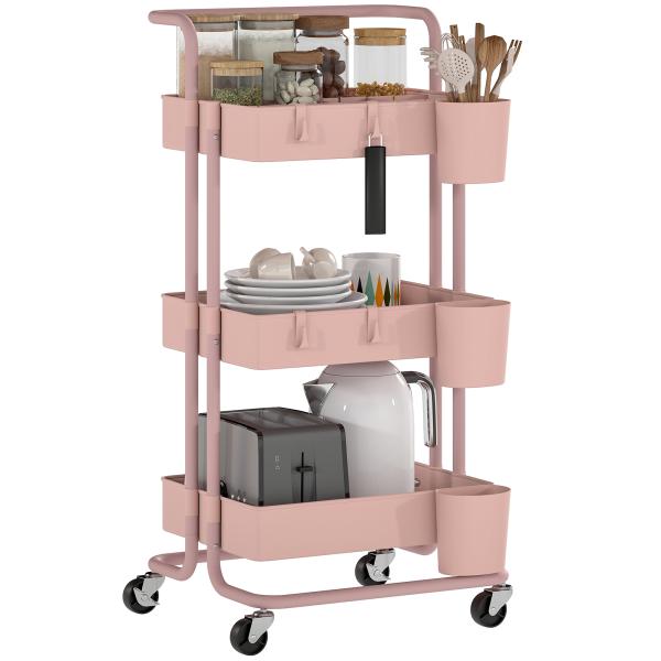 Carrinho de Cozinha Carrinho de Armazenamento com 4 Ganchos 3 Cestas Removíveis 3 Caixas Suspensas 42x38x86,5 cm Rosa