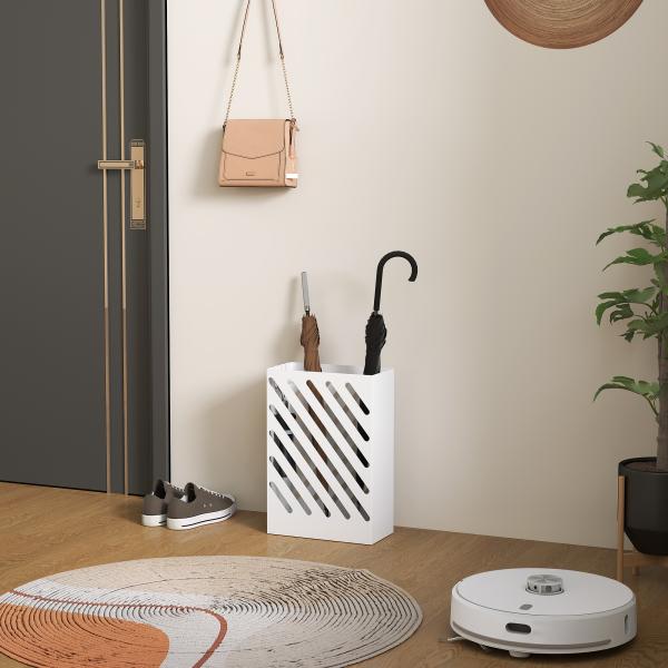 Suporte para Guarda - Chuvas de Aço Galvanizado Estreito com Bandeja de Gotejamento Removível 4 Ganchos 28x14x41 cm Branco
