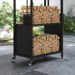 Suporte para Lenha com Rodas de 4 Níveis com Pá Escova Atiçador e Tenaz para Interior e Exterior 45x30x118 cm Preto