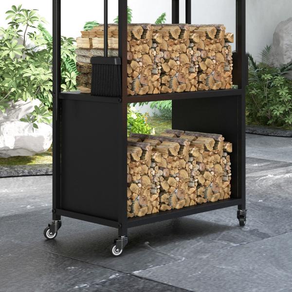 Suporte para Lenha com Rodas de 4 Níveis com Pá Escova Atiçador e Tenaz para Interior e Exterior 45x30x118 cm Preto