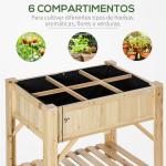 Horta Urbana de Madeira Mesa de Cultivo com 6 Compartimentos e Prateleira Inferior para Plantas e Flores em Jardim Terraço Exterior Capacidade 80 kg 78,5x58x81 cm Cor Natural