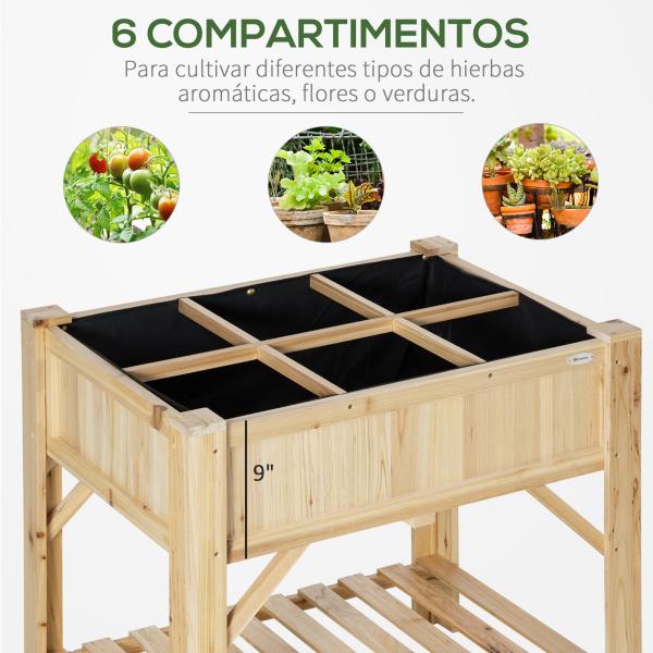 Horta Urbana de Madeira Mesa de Cultivo com 6 Compartimentos e Prateleira Inferior para Plantas e Flores em Jardim Terraço Exterior Capacidade 80 kg 78,5x58x81 cm Cor Natural