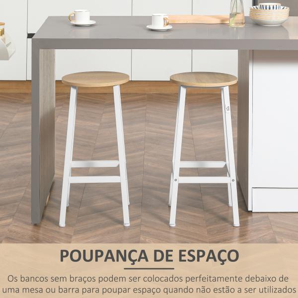 Conjunto de 2 Bancos Altos de Cozinha Bancos de Bar com Pés de Aço e Apoio para os Pés 32,5x32,5x65cm Madeira e Branco