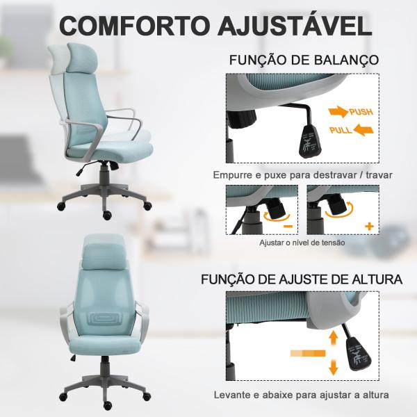 Cadeira de escritório ergonômica Cadeira de mesa inclinável ajustável em altura com encosto de braço Encosto de cabeça 5 rodas Suporta até 120 kg 64x58x116 - 126 cm Azul