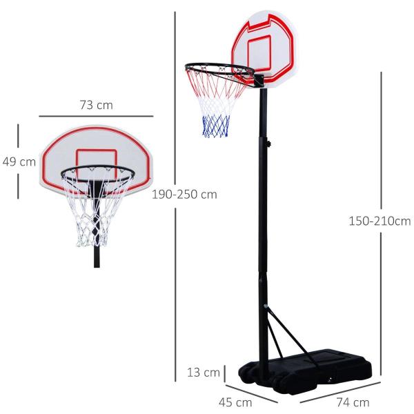 Tabela de basquetebol dobrável e ajustável em altura 150 - 210 cm branco preto e vermelho