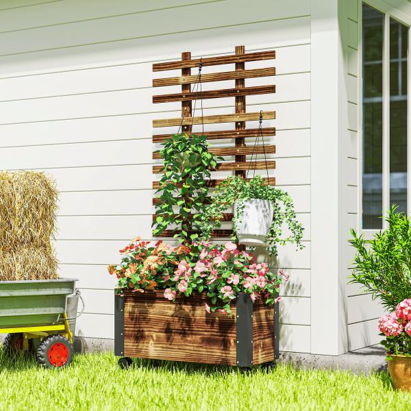 Floreira Exterior de Madeira Floreira com Treliça para Plantas Trepadeiras Tecido não Tecido Rodas 65x31x147 cm Madeira