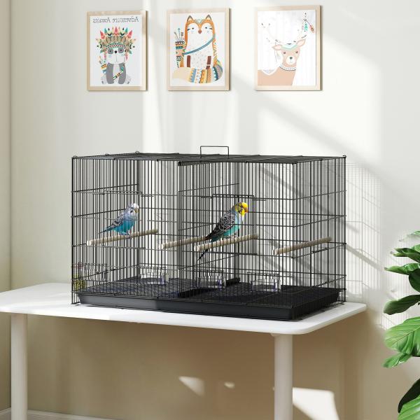 Gaiola para Pássaros com Divisória com Comedouros Poleiros e Bandeja Removível 94x57x57 cm Preto