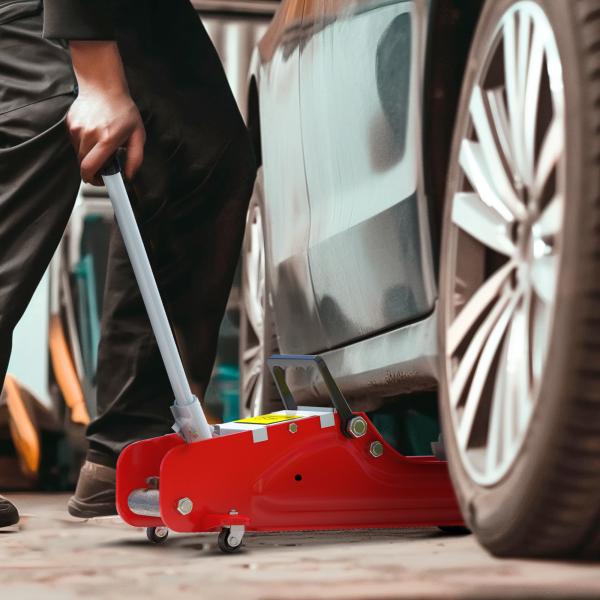 Macaco Hidráulico para Carro 2,5T Altura de Elevação 80 - 380 mm com Perfil Baixo e Rodas para Automóvel SUV Vermelho