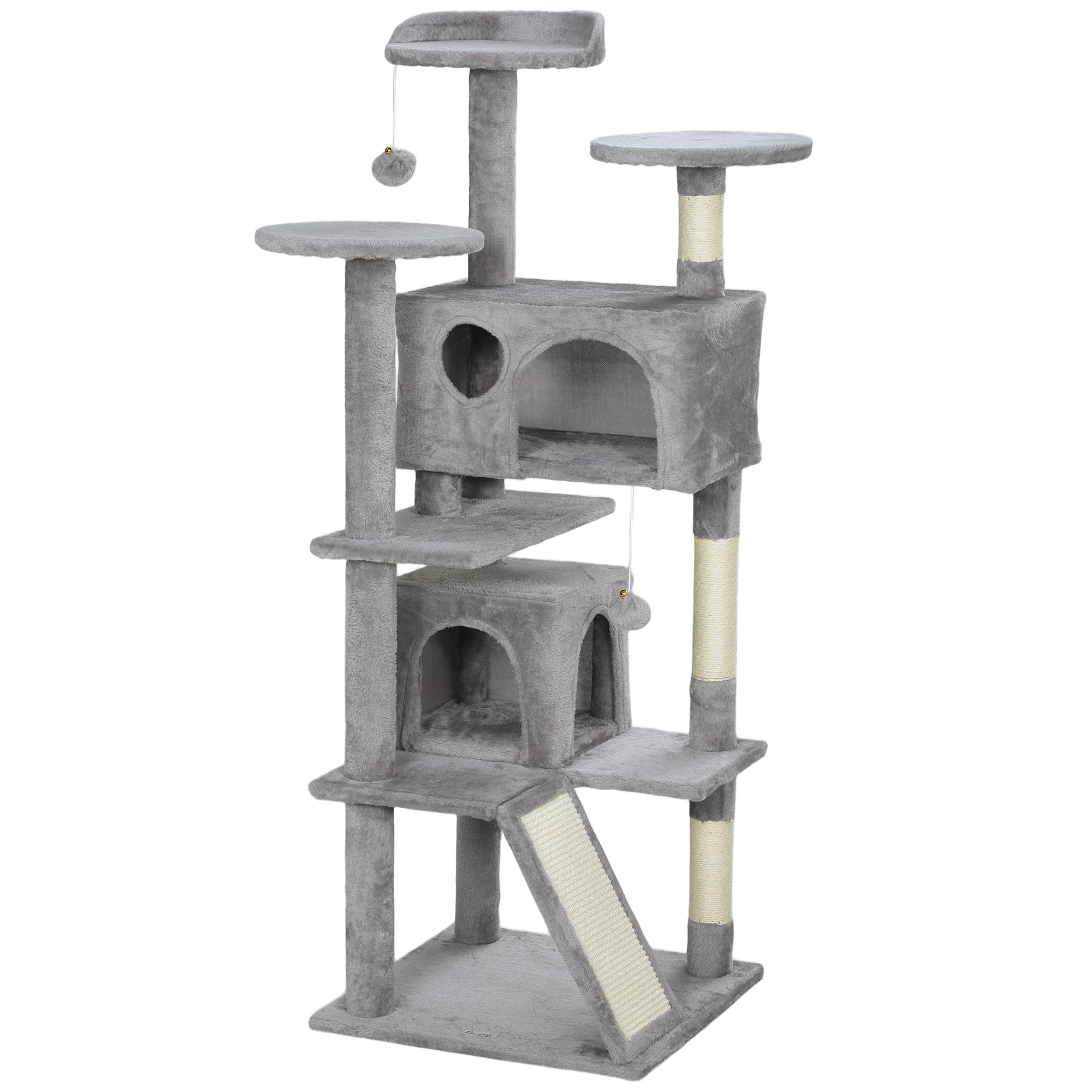 Arranhador para Gatos com Postes de Sisal Plataformas Cavernas Bolas Pendentes e Redes 49x49x138 cm Cinza Claro
