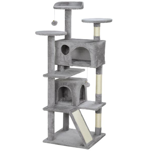 Arranhador para Gatos com Postes de Sisal Plataformas Cavernas Bolas Pendentes e Redes 49x49x138 cm Cinza Claro
