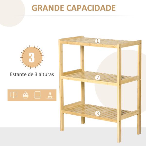 Estante de Bambu de 3 Níveis Móvel Organizador Multifuncional para Casa de Banho Cozinha Sala de Estar 62x33x80cm Natural