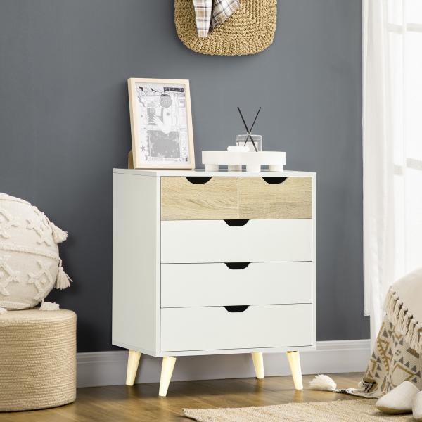 Cómoda com 5 Gavetas e Pés Elevados Cómoda para Dormitório Estilo Moderno Anti - Tombo 60x40x77,5cm Madeira e Branco