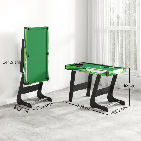 Mesa de Bilhar Dobrável com Acessórios Inclui 16 Bolas 2 Tacos Giz Triângulo e Escova 104x55,5x68 cm Verde