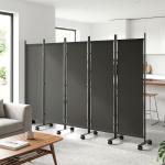 Biombo Dobrável de 5 Painéis com 12 Rodas 252x170 cm Biombo Separador de Ambientes Preto