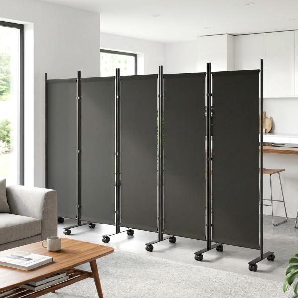 Biombo Dobrável de 5 Painéis com 12 Rodas 252x170 cm Biombo Separador de Ambientes Preto