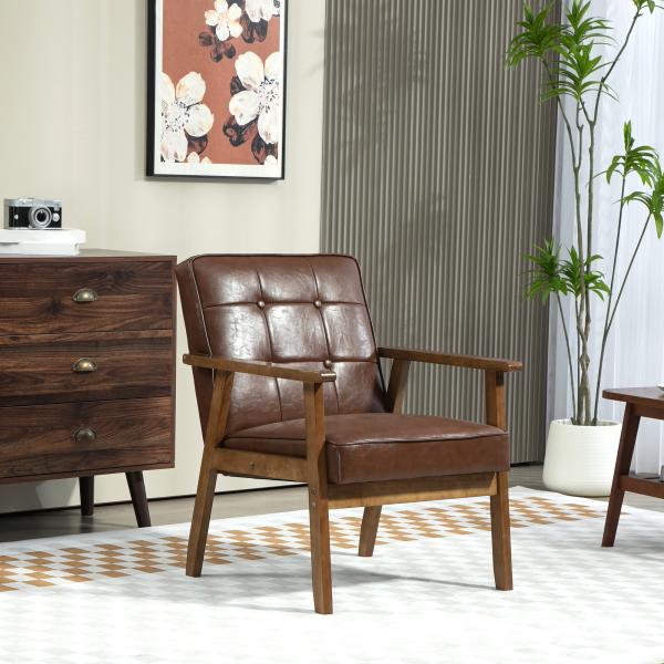 Poltrona Sala de Estar Estofada em PU com Apoio para os Braços e Estrutura de Madeira de Borracha 64x66x80 cm Marrom