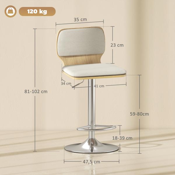 Conjunto de 2 Bancos de Bar Giratórios com Altura Ajustável Estofados em Tecido Tipo Linho com Base em Aço 41x47,5x81 - 102 cm Bege