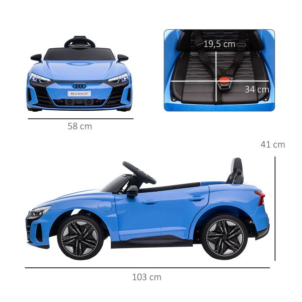 Carro Elétrico AUDI RS E - Tron GT 12V com 2 Motores Controlo Remoto Faróis LED Buzina Música USB 3 - 5km/h 103x58x41cm Azul