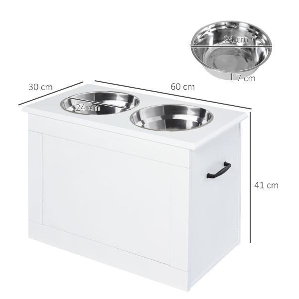 Comedouro Elevado para Cães com 2 Tigelas de Aço Inoxidável e Espaço de Armazenamento Oculto 60x30x41 cm Branco