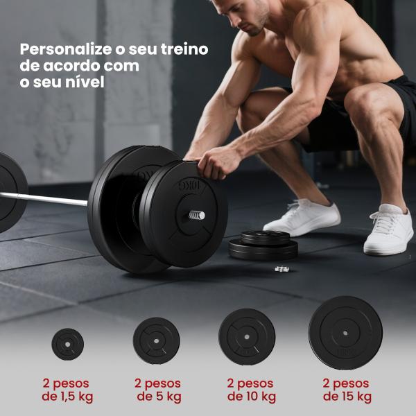 Barra de Pesos 70 kg Ajustáveis com 8 Discos de 1,5kg 5kg 10kg 15kg e 1 Barra para Treino de Força 170x40,5x40,5 cm Preto