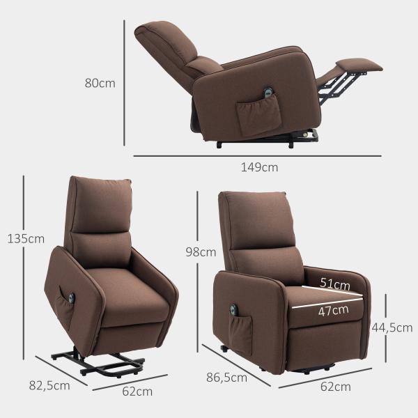 Poltrona Relax Elétrica Elevatória em Tecido Efeito Linho com Comando, Assento com Molas, Apoia - pés, Castanho