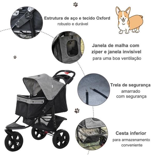 Carrinho de animais de estimação dobrável com rodas Correias de segurança e cesto de armazenamento 109,5x57,5x106,5 cm Cinza e preto