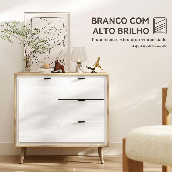 Aparador de Sala Moderno com 3 Gavetas Prateleira Ajustável e Pés em Madeira 80x35x77 cm Branco Brilhante e Carvalho