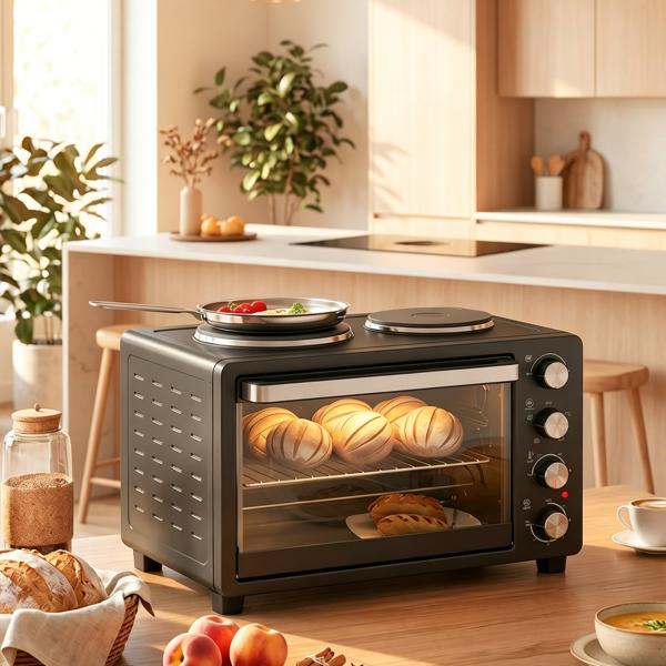 Forno Elétrico de Bancada 28L 2600W com Placas de Cozedura, Temperatura Ajustável, Temporizador e Tabuleiro, Preto