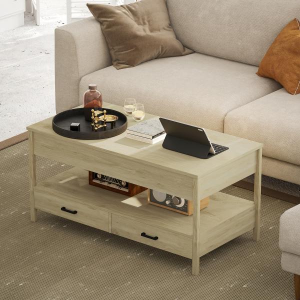 Mesa de Centro com Bancada Elevável Espaço Oculto de Armazenamento Gavetas e Prateleira Aberta 100x50x48 - 62 cm Carvalho