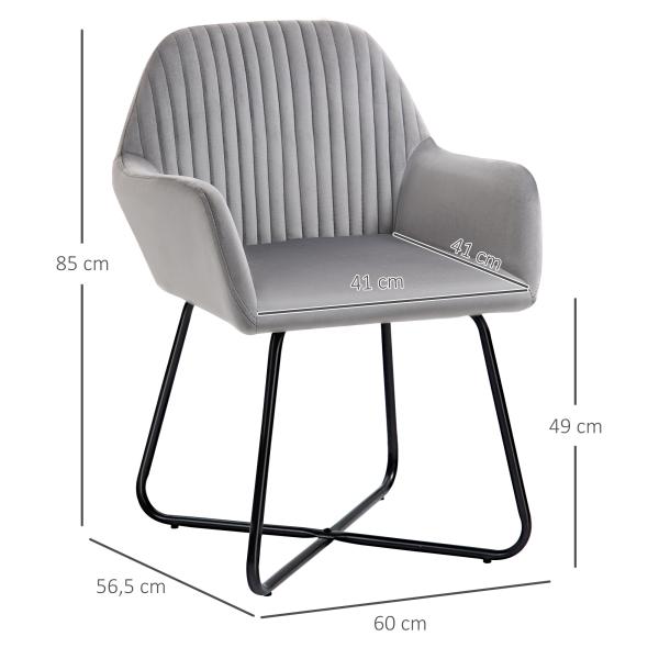 Cadeira de Sala de Jantar Estofada em Veludo com Base Metálica Cruzada Cadeira de Leitura 60x56,5x85 cm Cinza