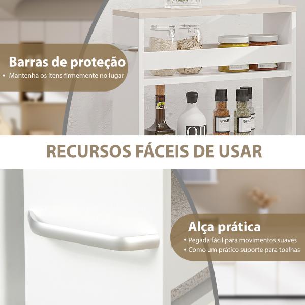 Estante de Armazenamento Casa de Banho de 3 Níveis Estante Estreita com Alça Lateral Estante com Rodas 48x15x80cm Branco