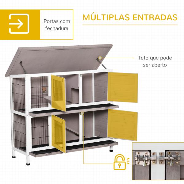 Coelheira de Madeira Exterior de 2 Níveis Gaiola para 1 - 2 Coelhos com Telhado com Abertura Comedouro Bandejas Removíveis Rampa e Portas com Fechadura 122x50x101cm Cor Areia