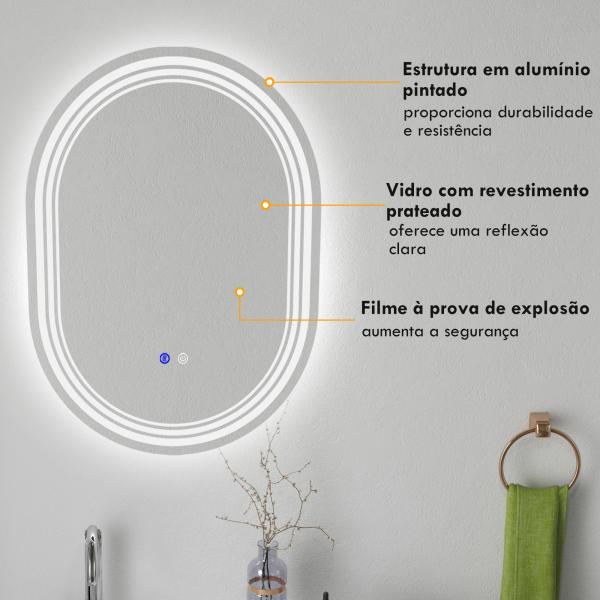 Espelho Casa de Banho com Iluminação 70x50 cm Espelho de Parede com 3 Cores de Luz Brilho Ajustável Função Anti - Embaciamento Função Memória