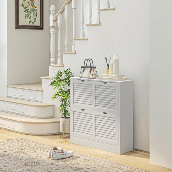 Sapateira Moderna com 2 Gavetas Rebatíveis e Prateleias Ajustáveis para 16 Pares de Sapatos Sapateira Compacta 81,5x25x83 cm Branco