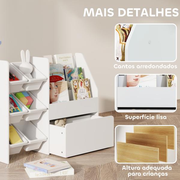 Estante Infantil para Brinquedos com 6 Caixas Removíveis 3 Prateleiras Abertas e Gaveta Inferior com Rodas 100x30x80 cm Branco