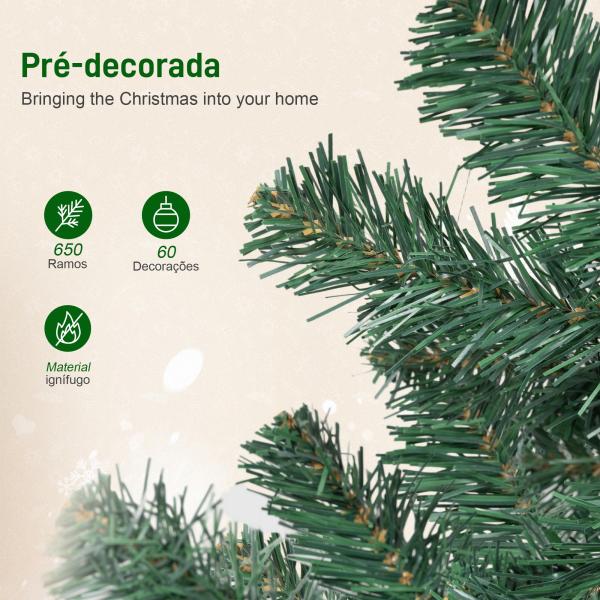 Árvore de Natal de 180 cm com Decorações 200 Luzes LED Branco Quente 8 Modos de Iluminação e 650 Ramos Verde